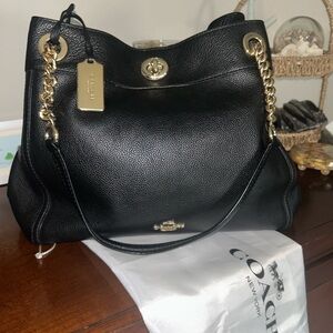 Coach Black Leather Shoulder Bag with Gold Accents